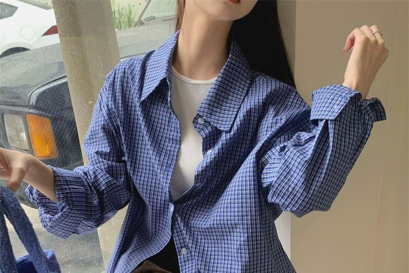 Stand Collar Plain Button-Up Trench Coat / Long-Sleeve Plaid Shirt Product Image