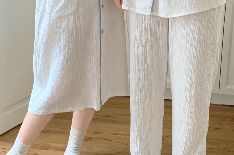 Couple Matching Long Sleeve Contrast Trim Button Pajama Top / Straight Leg Pants / Pajama Dress / Set (Various Designs) Product Image