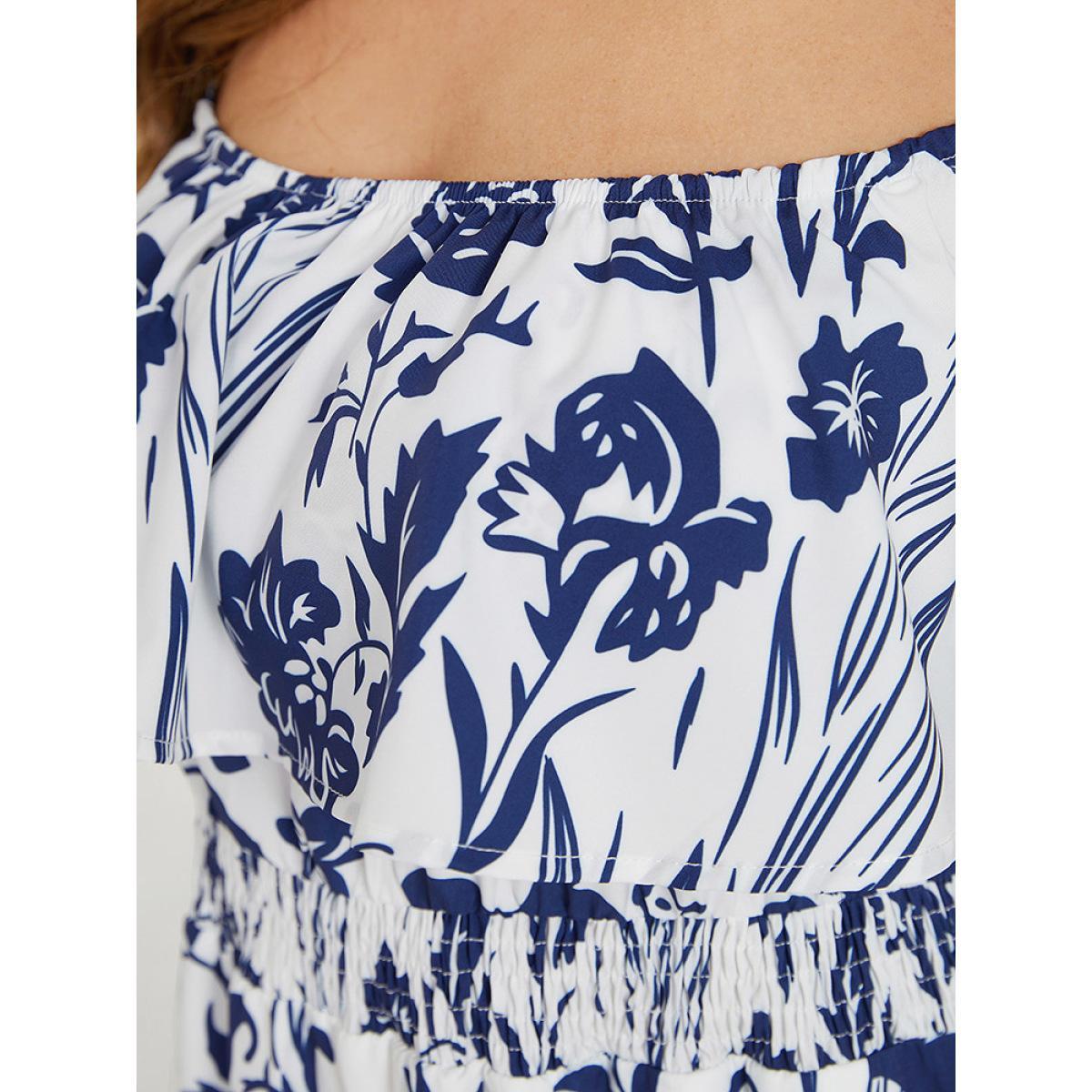 Plus Size Floral Ruffle Trim Square Neck Shirred Pocket Dress Blue Women Elegant Lined Square Neck Short sleeve Curvy Midi Dress BloomChic 26/4X Product Image