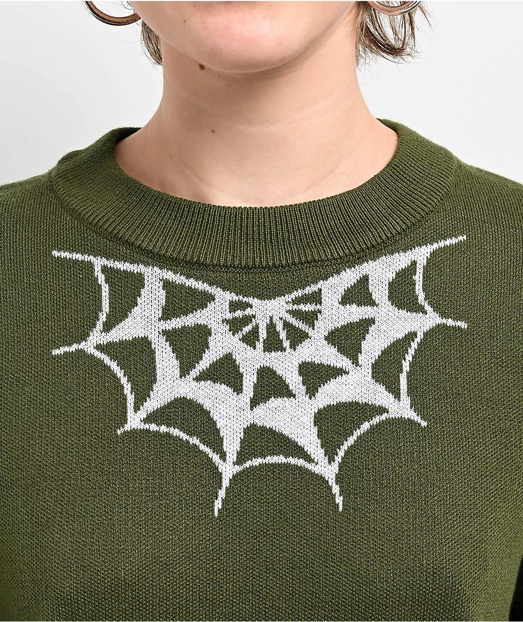 Lurking Class by Sketchy Tank Spider Web Green Crop Sweater Product Image