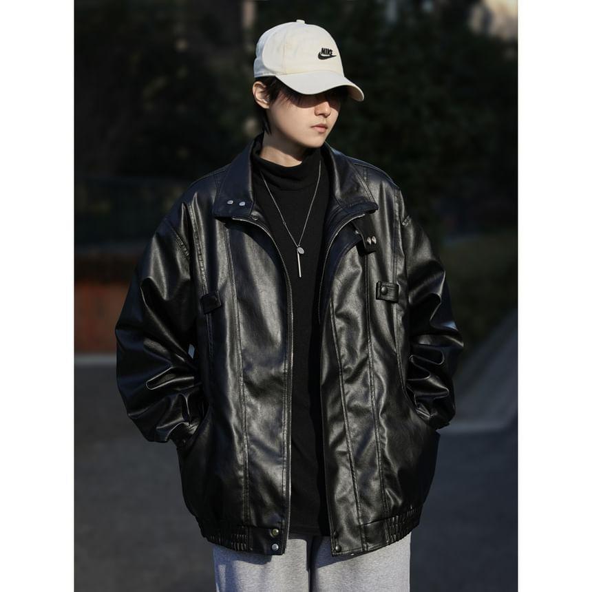 Stand Collar Plain Zip-Up Faux Leather Jacket Product Image