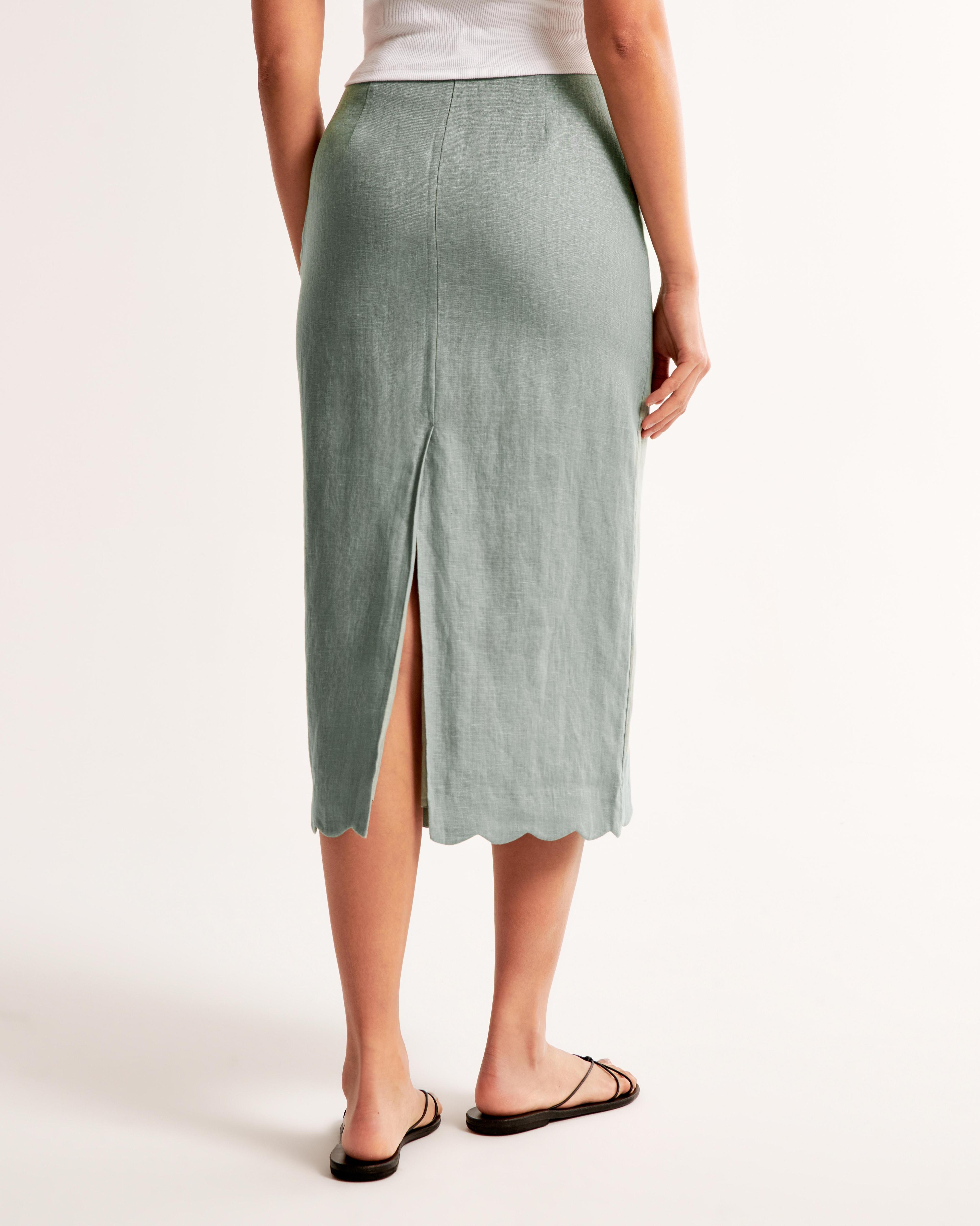 Premium Linen Scallop-Hem Midi Skirt Product Image