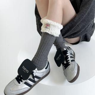 Lettering Applique Fleece Panel Ribbed Socks Product Image