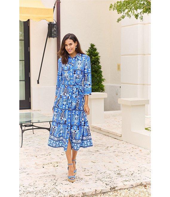Jude Connally Sutton Seaside Catch Print Point Collar 3/4 Sleeve Tie Waist Midi Dress Product Image
