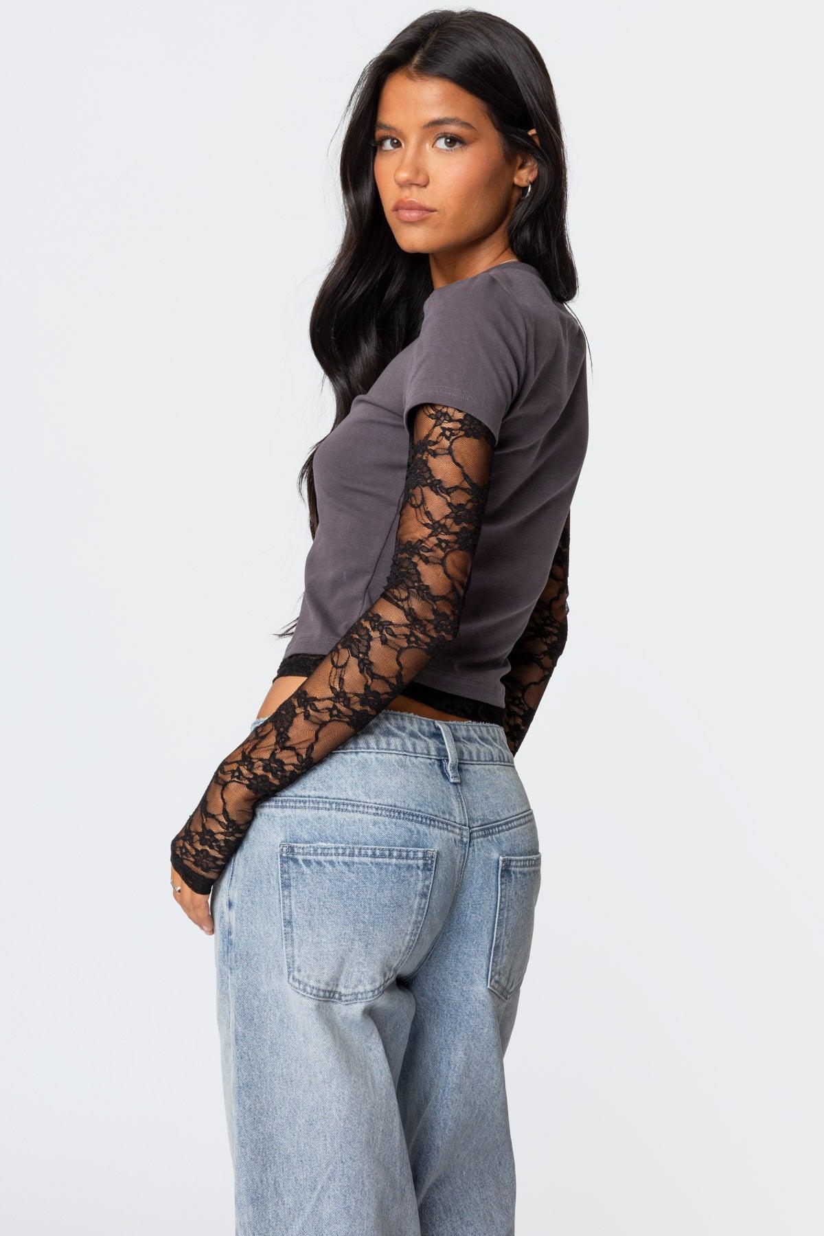 Layered Lace Sleeve T Shirt Product Image