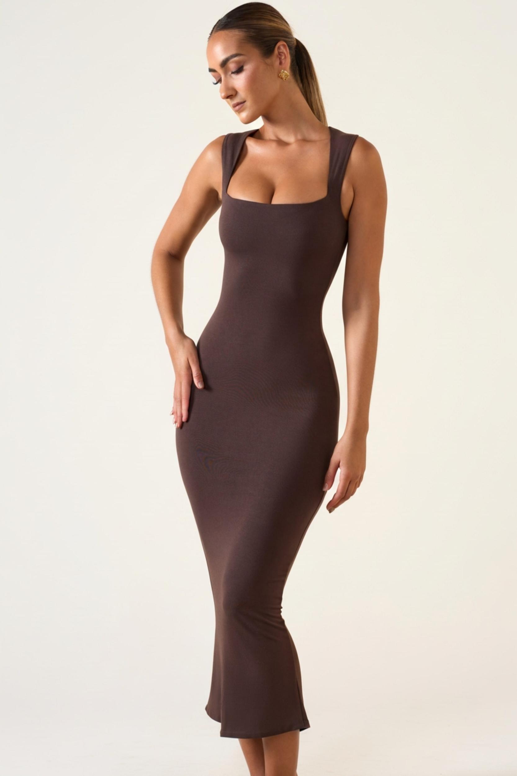 Square Neck Midi Dress in Chocolate Brown Product Image