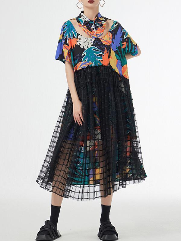 A-Line Loose Buttoned Hollow Mesh Printed Split-Joint Lapel Midi Dresses Product Image