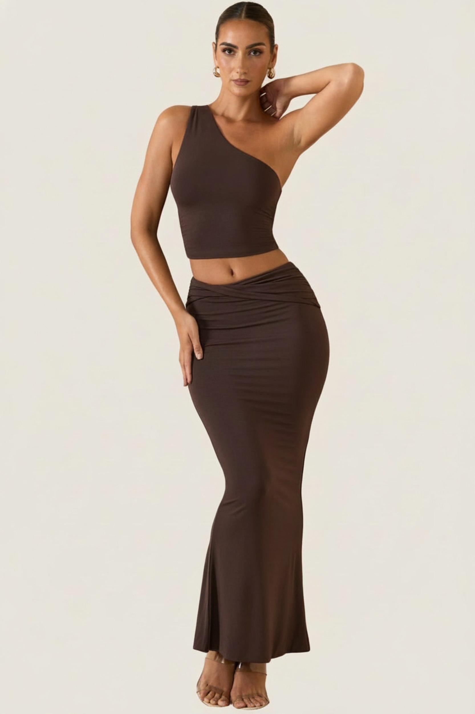 Modal Twist-Front Maxi Skirt in Chocolate Brown Product Image