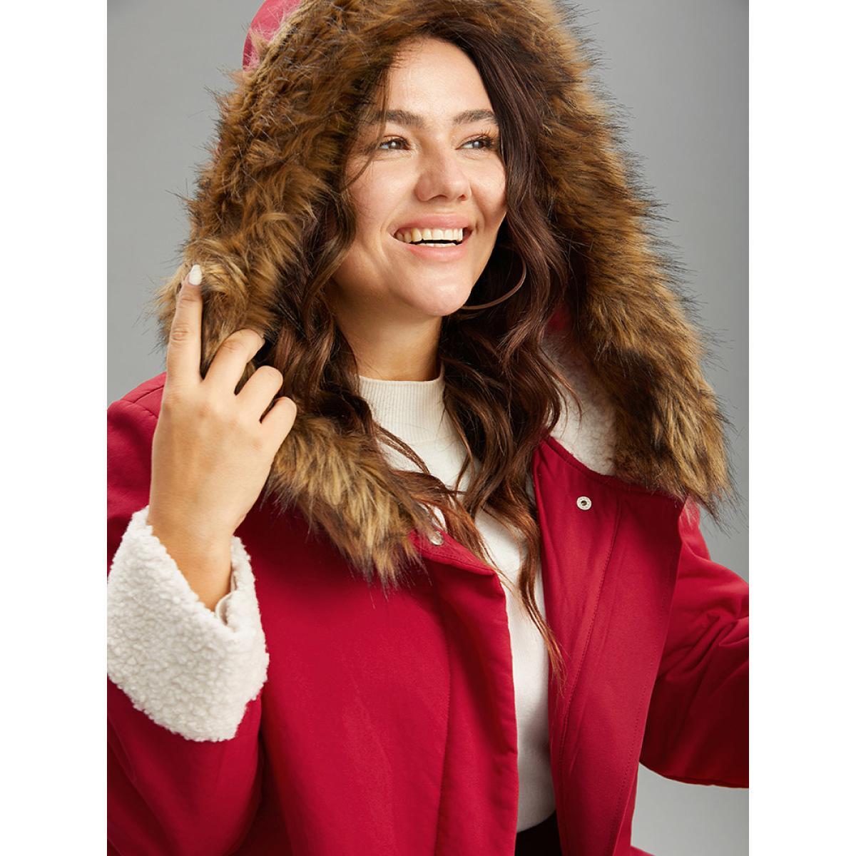 Plus Size Patchwork Fuzzy Trim Pocket Hooded Jacket Women Red Casual Contrast Ladies Party Winter Coats BloomChic 12/L Product Image