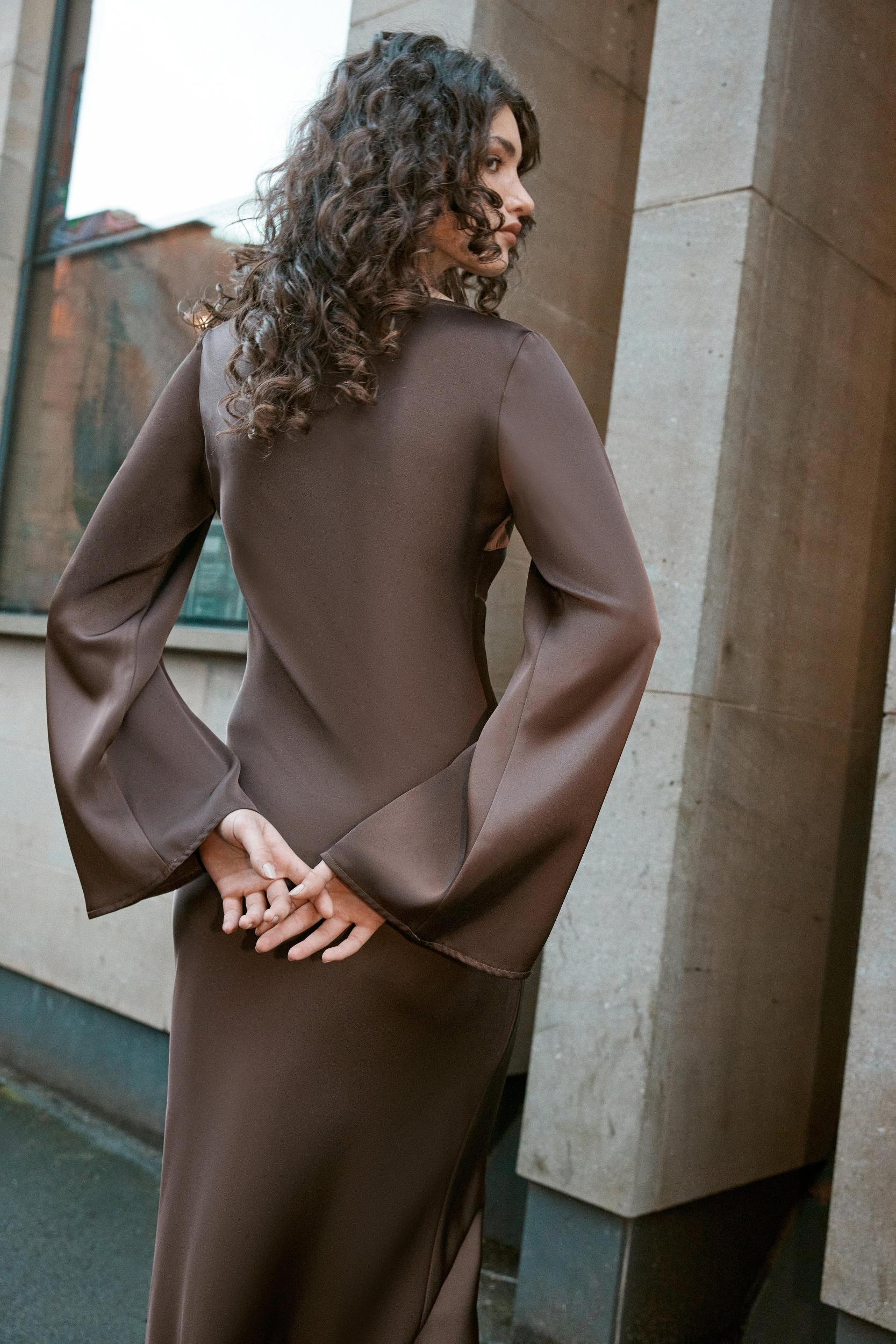Satin Asymmetric Tie Long Sleeve Maxi Dress Product Image