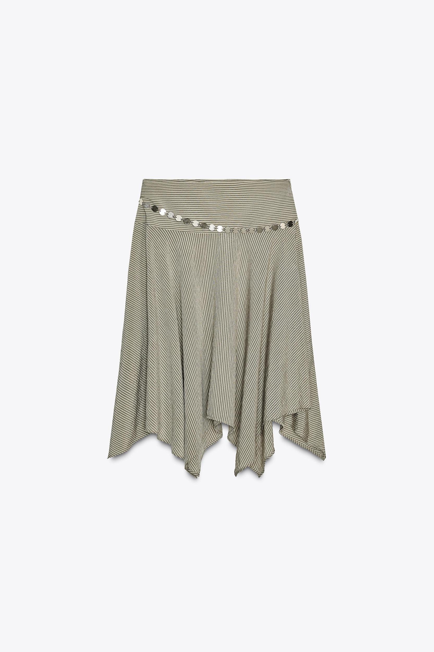 STRIPED ASYMMETRIC BELTED MIDI SKIRT Product Image