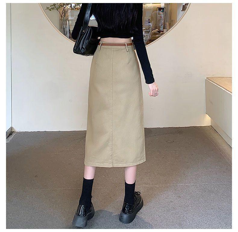 High Rise Plain Front-Slit Denim Midi Pencil Skirt Product Image