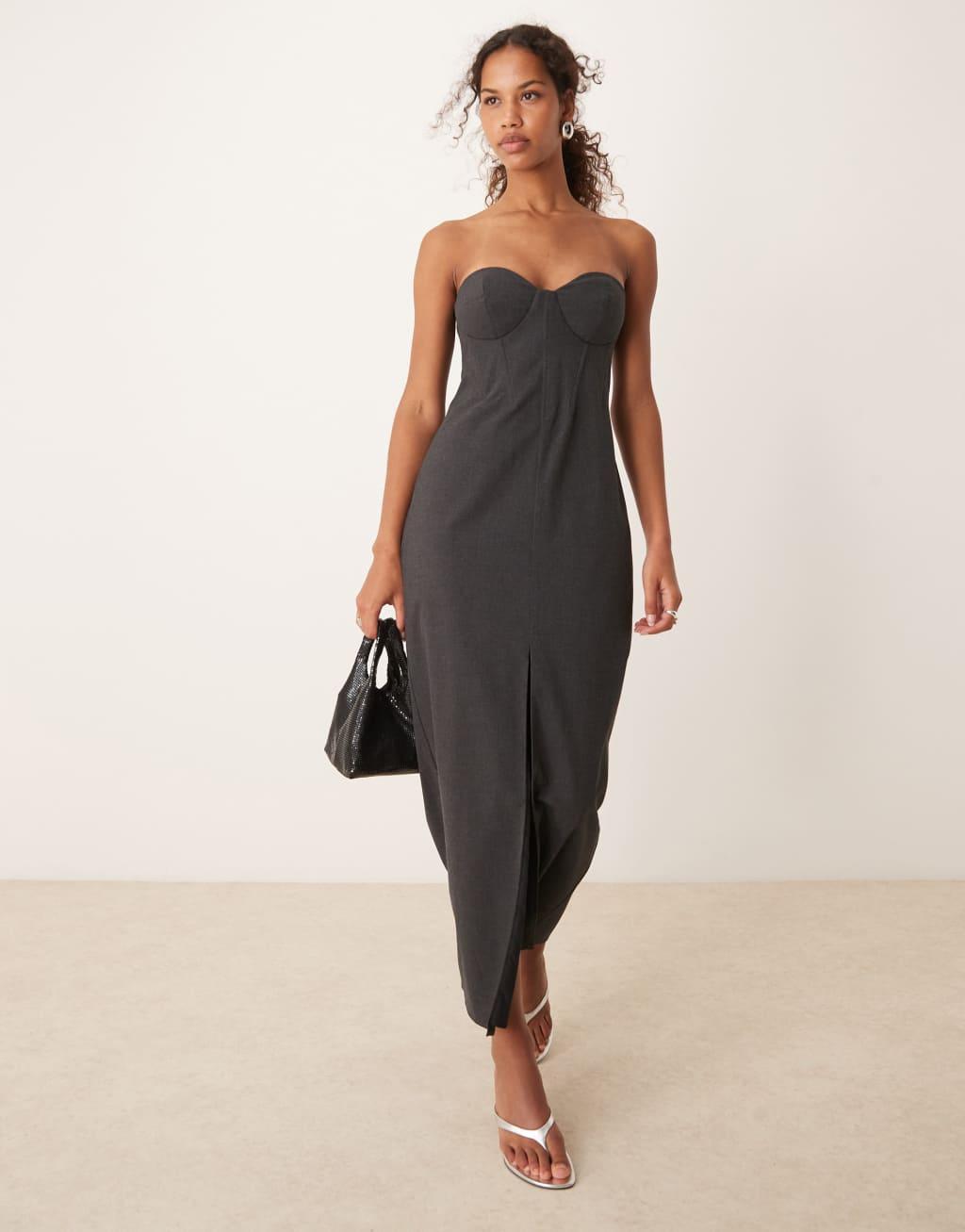 ASOS DESIGN corset detail bandeau midaxi dress with front slit in charcoal gray Product Image