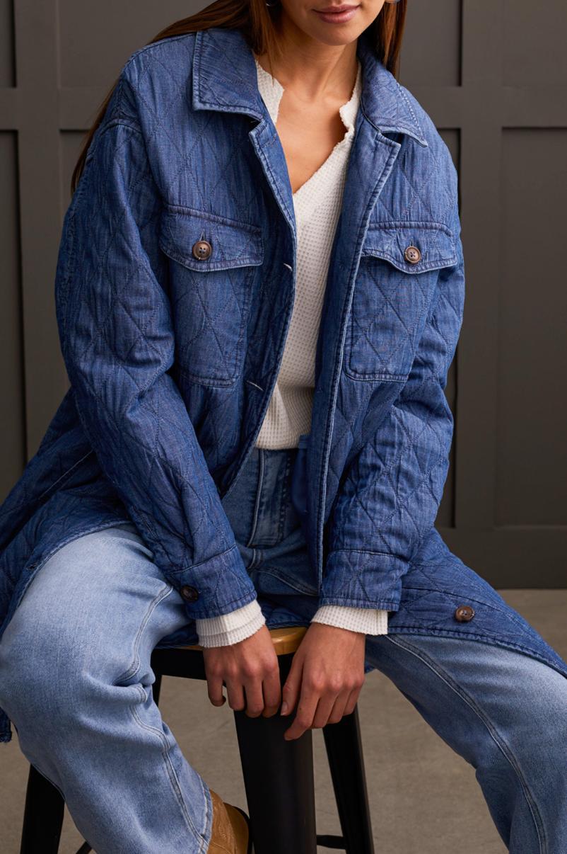 Button Front Long Quilted Jacket - Blue Chambray Product Image