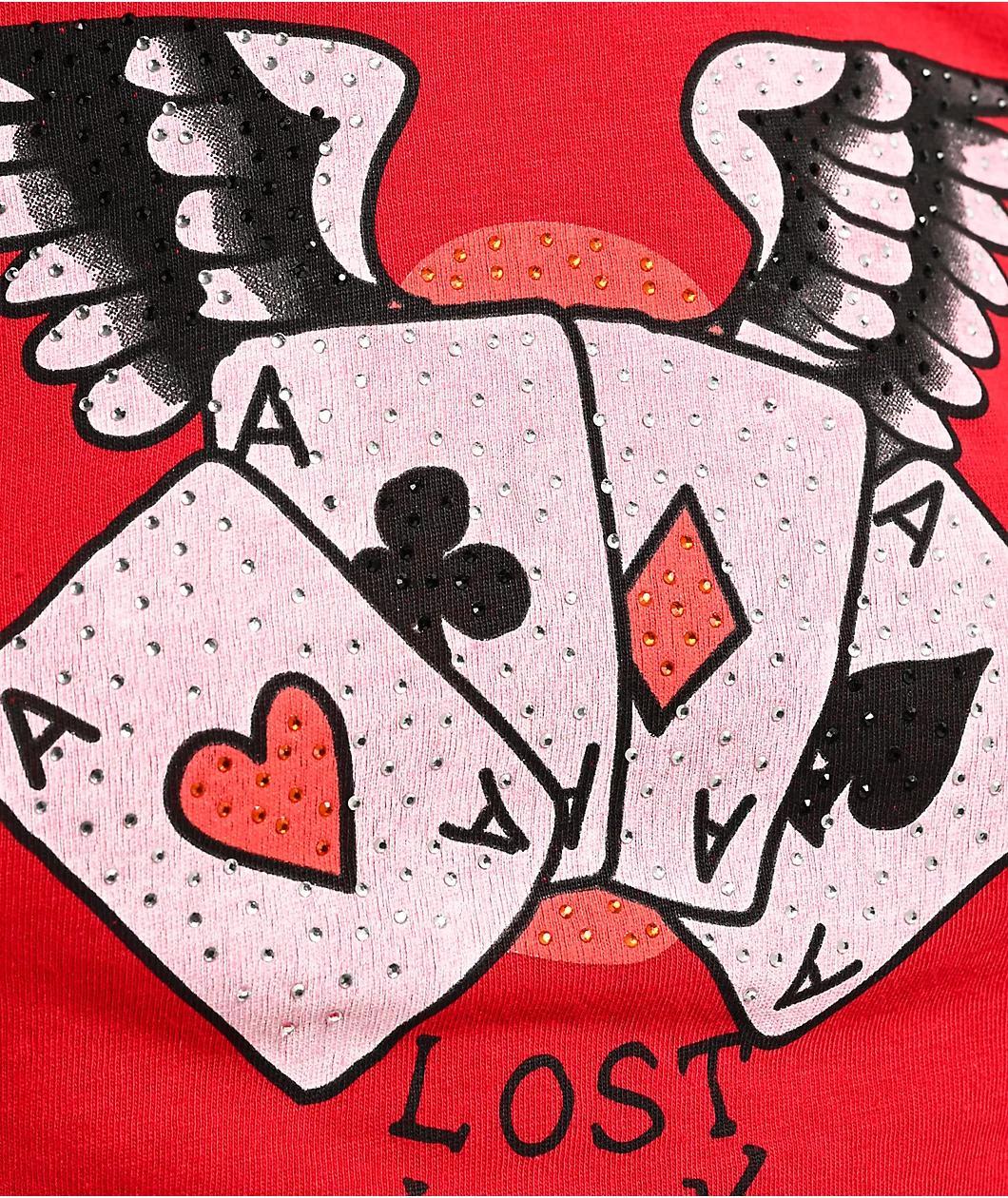 Ed Hardy Rhinestone Aces Red Crop T-Shirt Product Image