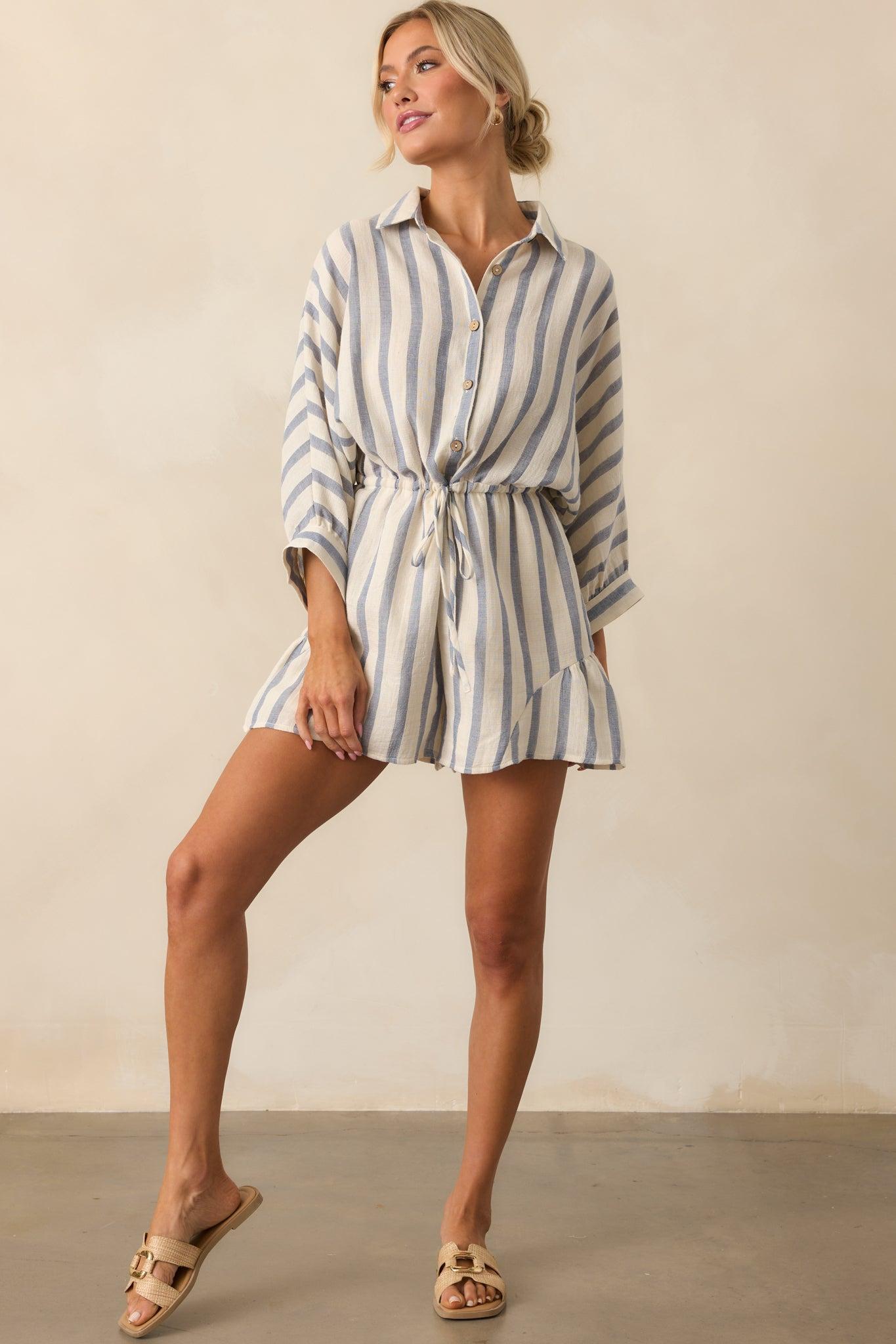 A Good Place To Start Blue Stripe Cotton Drawstring Romper Product Image
