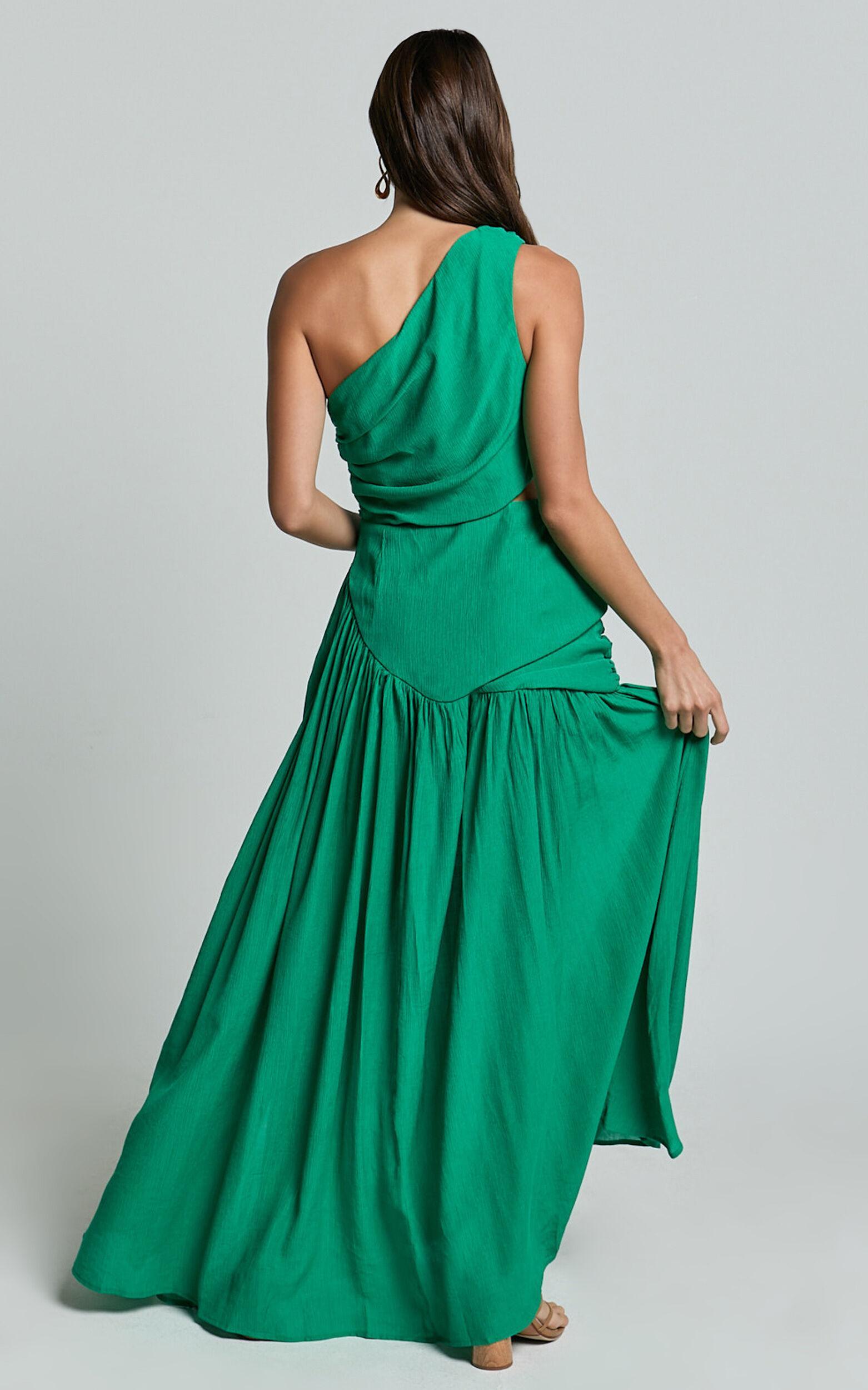 Darcy Maxi Dress - One Shoulder Side Cut Out Gathered Dress in Green Product Image