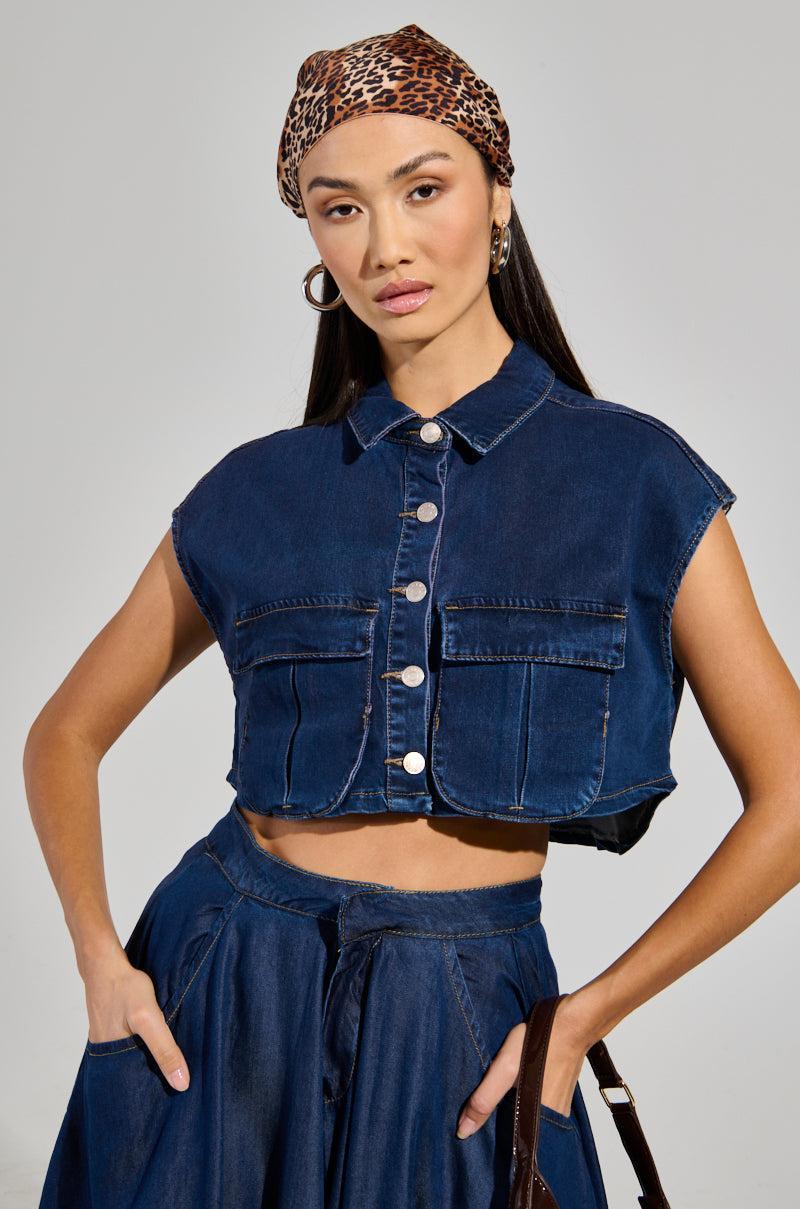 CARRIE BUTTON DOWN DENIM VEST TOP Product Image
