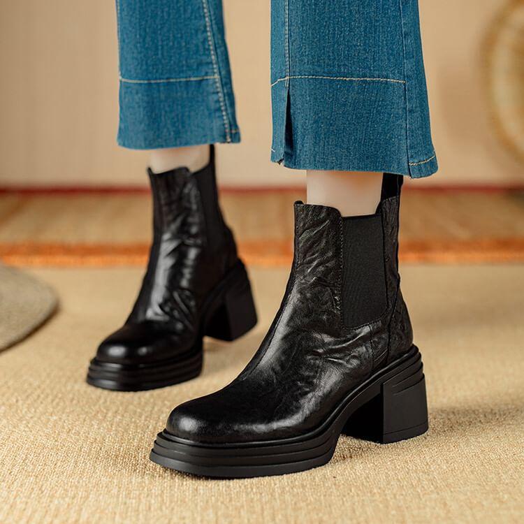 Chunky Heel Plain Genuine Leather Short Chelsea Boots Product Image