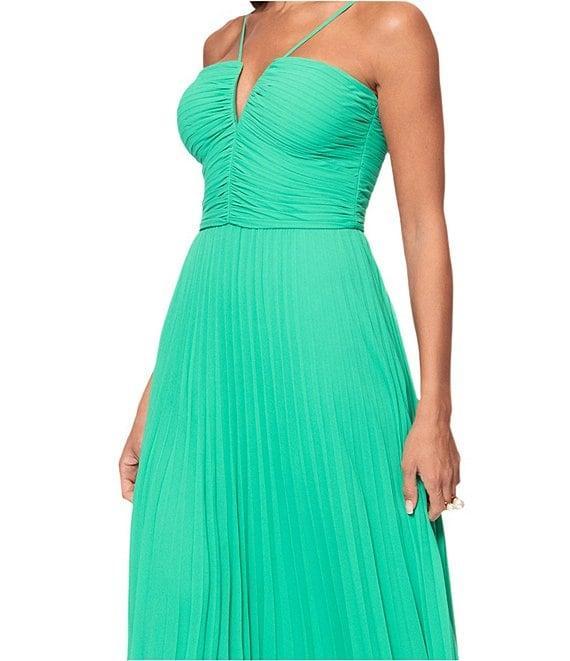 Xscape Pleated Chiffon Split V-Neck Sleeveless A-Line Gown Product Image