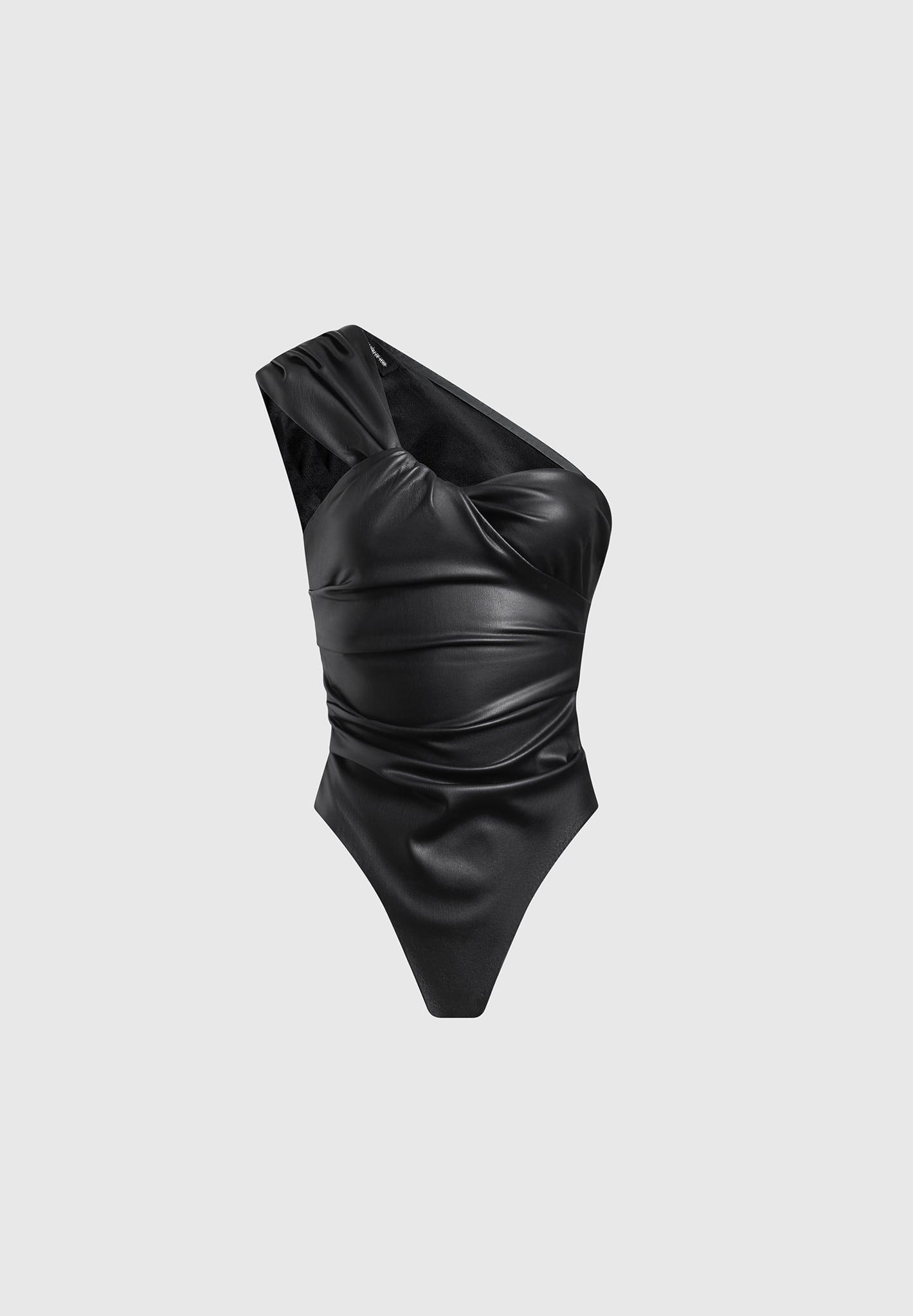 Leather Gathered Bodysuit with Sleeves - Black Female Product Image