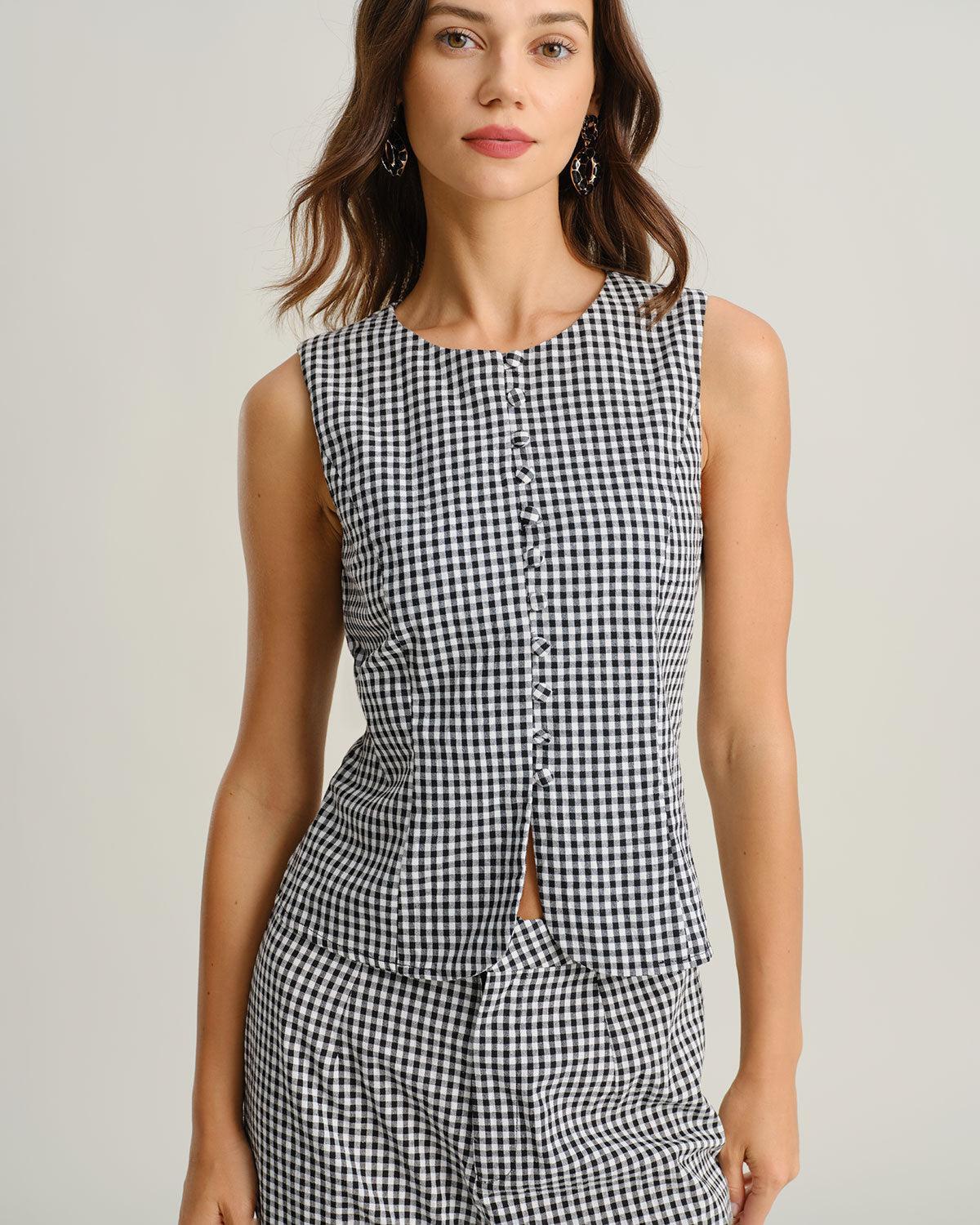 Black Plaid Button Vest Product Image