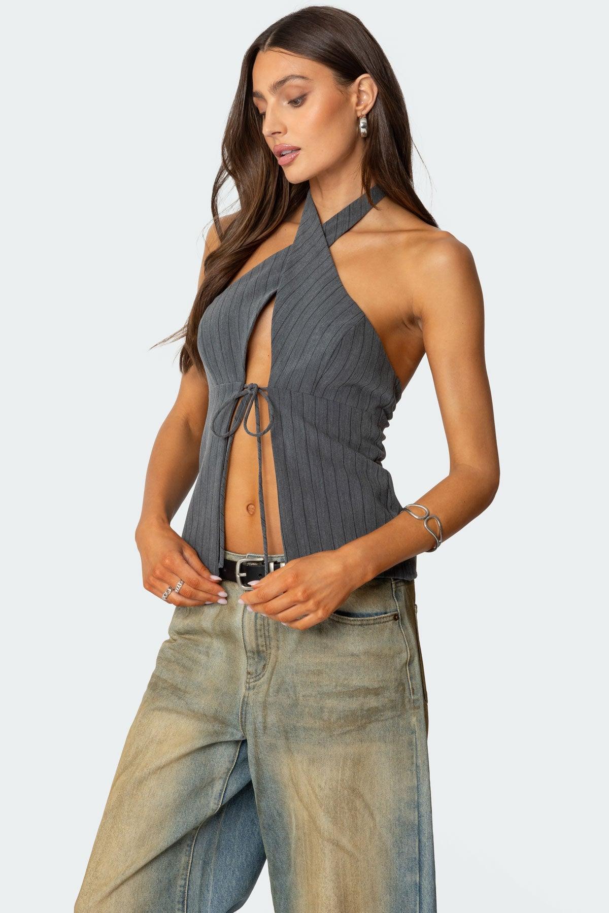 Split Front Pinstripe Halter Top Product Image