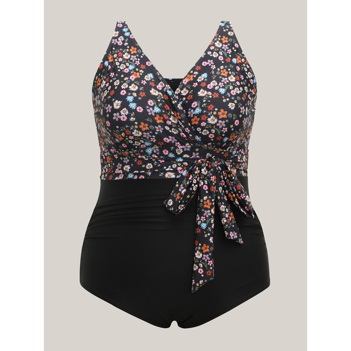 Plus Size Floral Tied Waist Defining One-Piece Swimsuit Women's Swimwear Black Resort Tie knot Curve Bathing Suits High stretch One Pieces BloomChic 12/L Product Image
