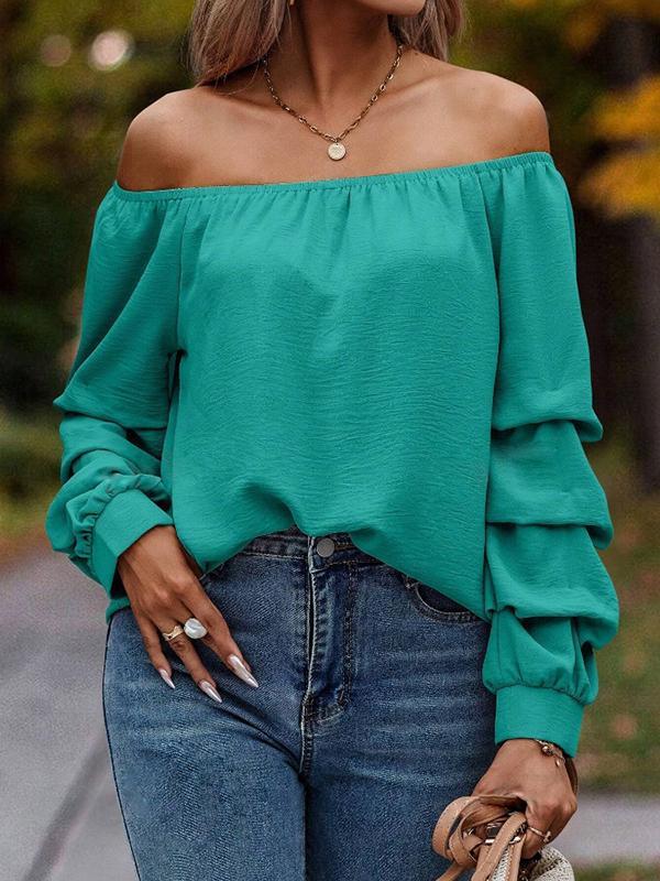 Long Sleeves Loose Elasticity Pleated Solid Color Off-The-Shoulder Blouses&Shirts Tops Product Image