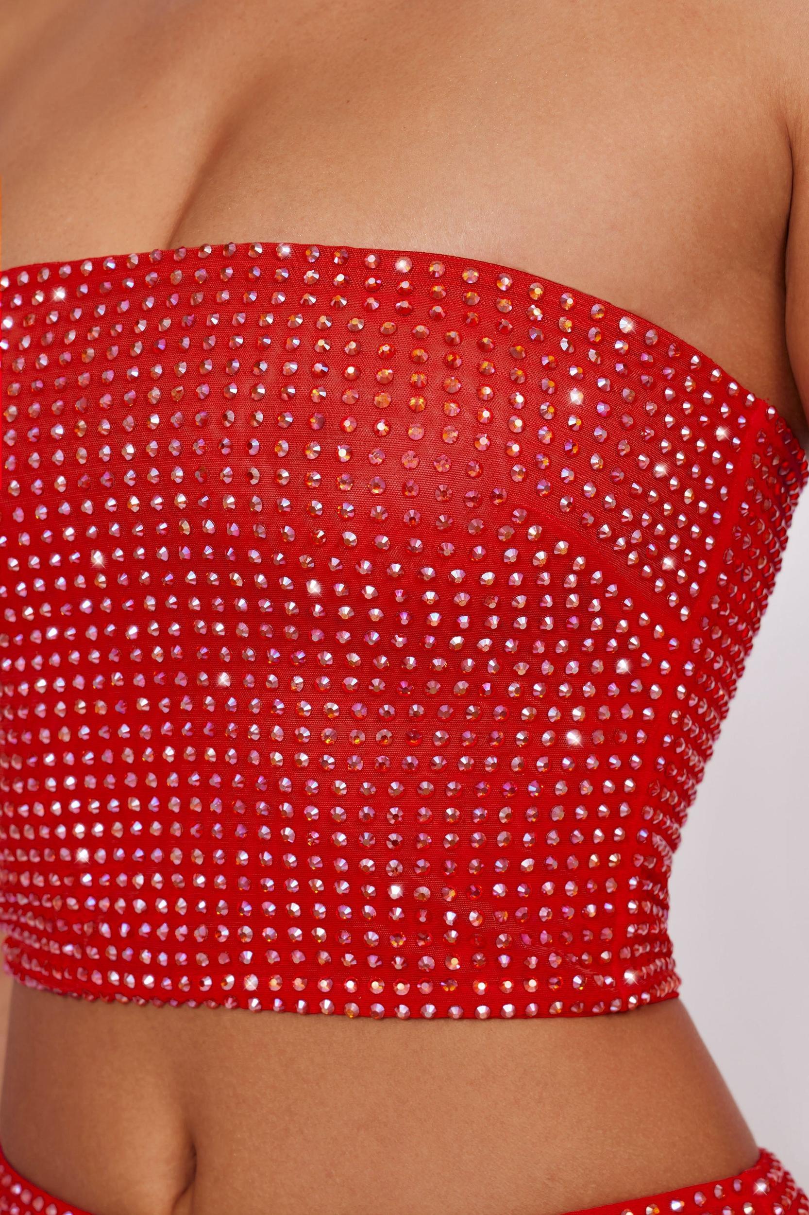 Embellished Strapless Crop Top in Fire Red Product Image