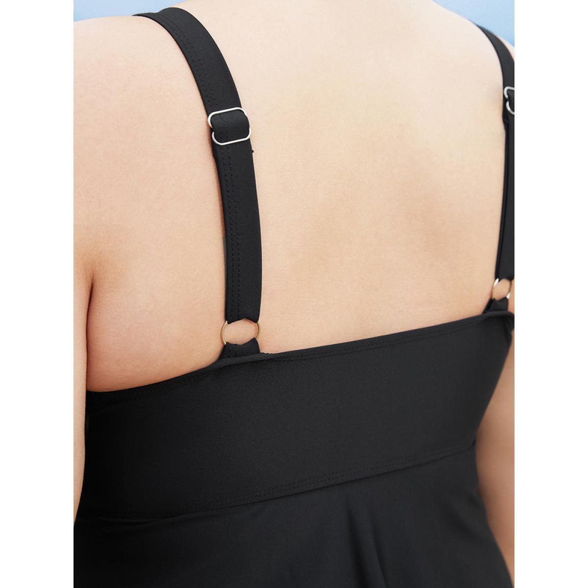 Plus Size Adjustable Straps Asymmetrical Ruffle Tiered Tankini Top Women's Swimwear Black Vacation Adjustable Straps High stretch Bodycon V-neck Curve Swim Tops BloomChic 28/5X Product Image