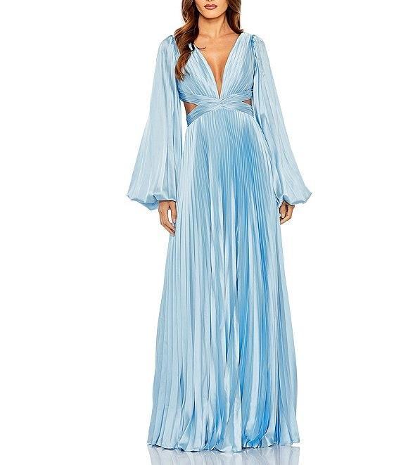 Mac Duggal Long Balloon Sleeve Side Cut-Out Pleated Deep V-Neck Satin A-Line Gown Product Image