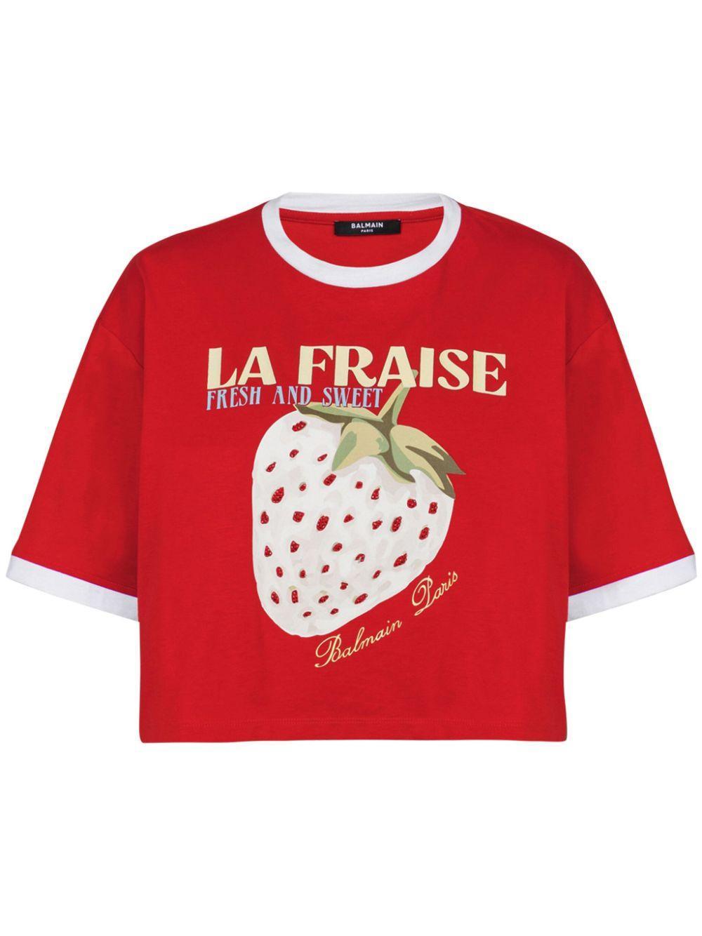 BALMAIN Cropped Strawberry Print T-shirt In Red Product Image