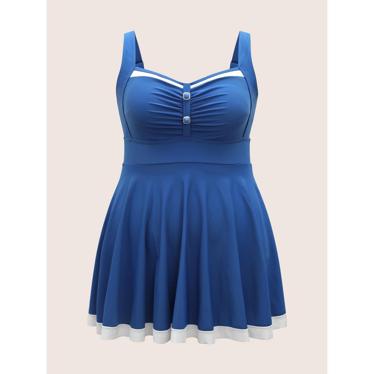 Plus Size Plain Patchwork Ruched Button Detail Swim Dress Women's Swimwear Blue Beach Bodycon Heart neckline High stretch Curve Swim Dresses BloomChic 14-16/1X Product Image