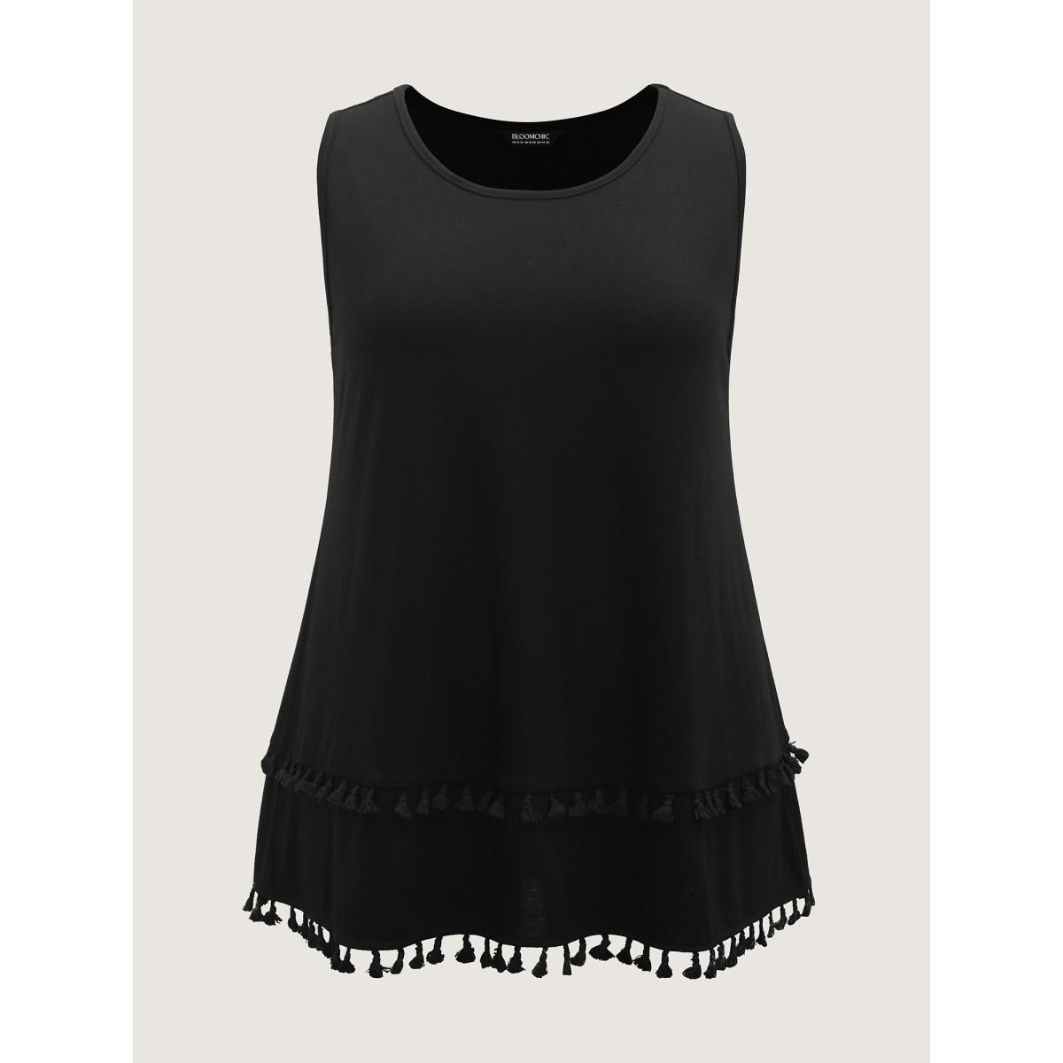 Plus Size A-Line Tassel Hem Plain Tank Top Women Black Leisure Tassels Round Neck Casual Tank Tops Camis BloomChic 10/M Product Image