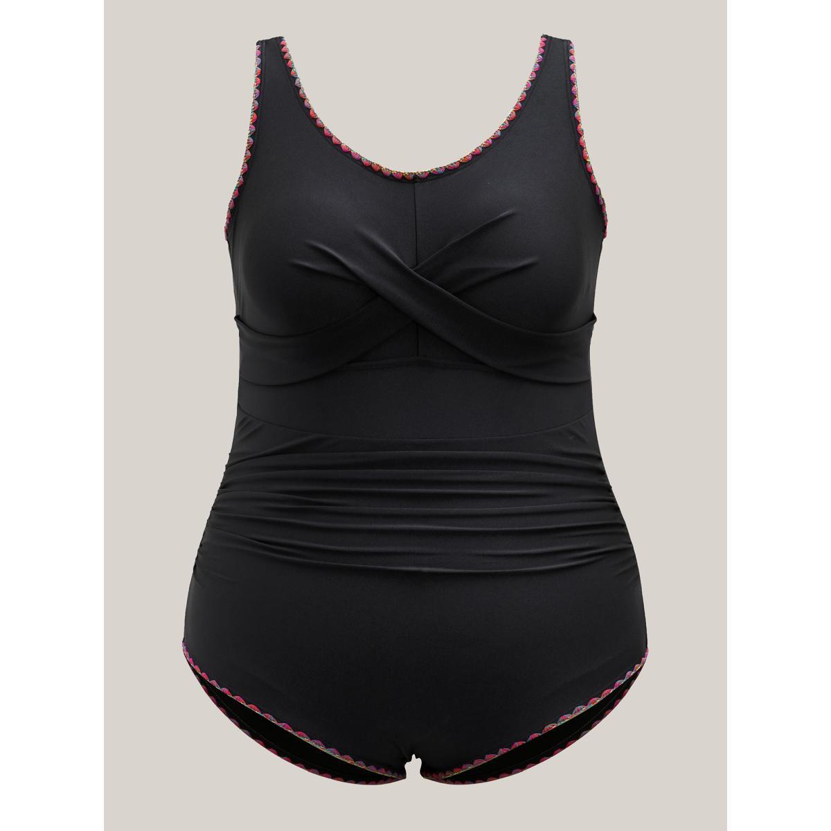 Plus Size Embroidered Twist-Front One-Piece Swimsuit Women's Swimwear Black Beach Twist Curve Bathing Suits High stretch One Pieces BloomChic 18-20/2X Product Image
