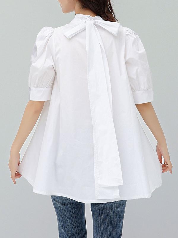 Casual Loose Bow-Embellished Solid Color Blouse Product Image