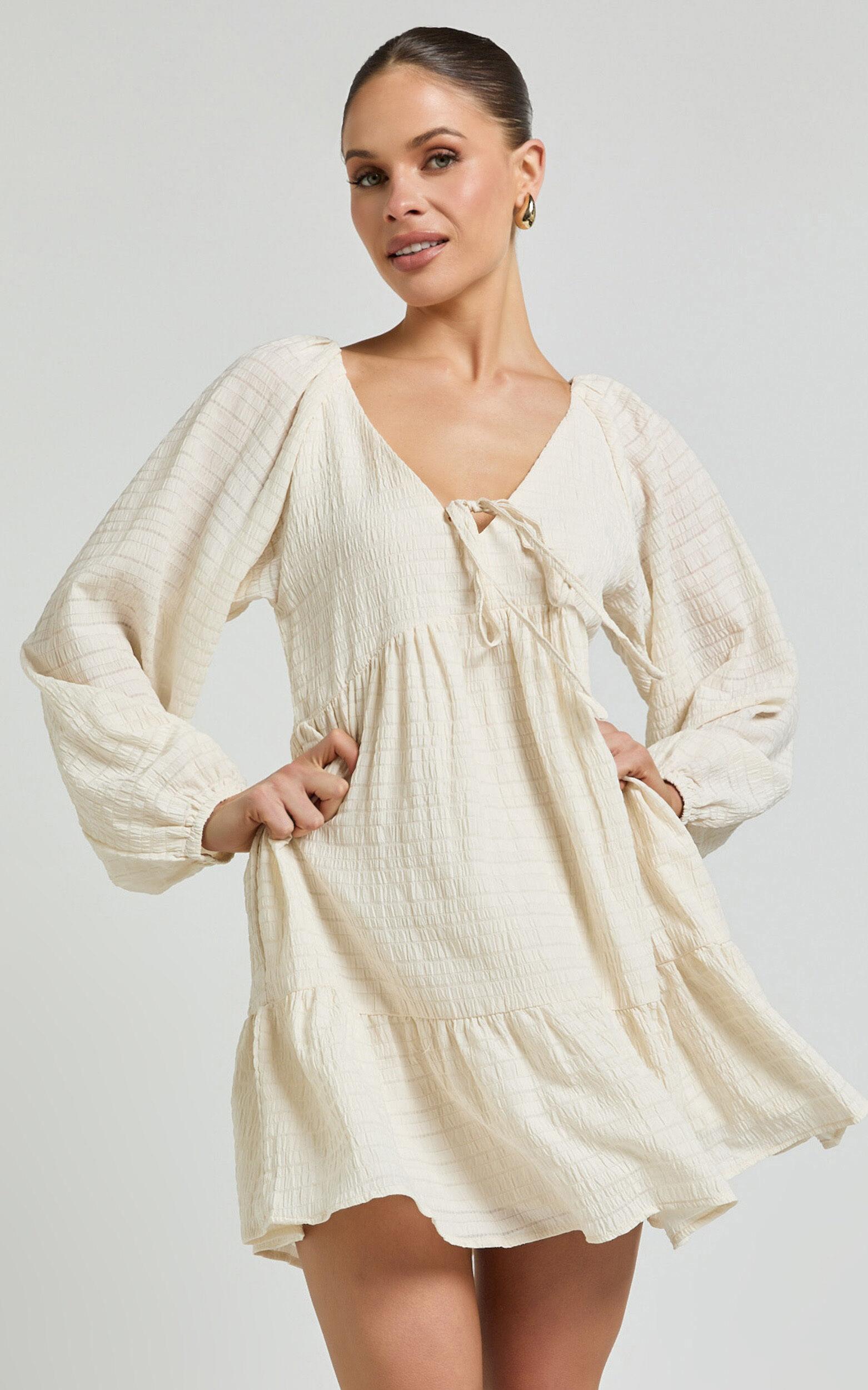 Chaney Mini Dress - Long Sleeve Tie Front Smock Dress in Ivory Product Image