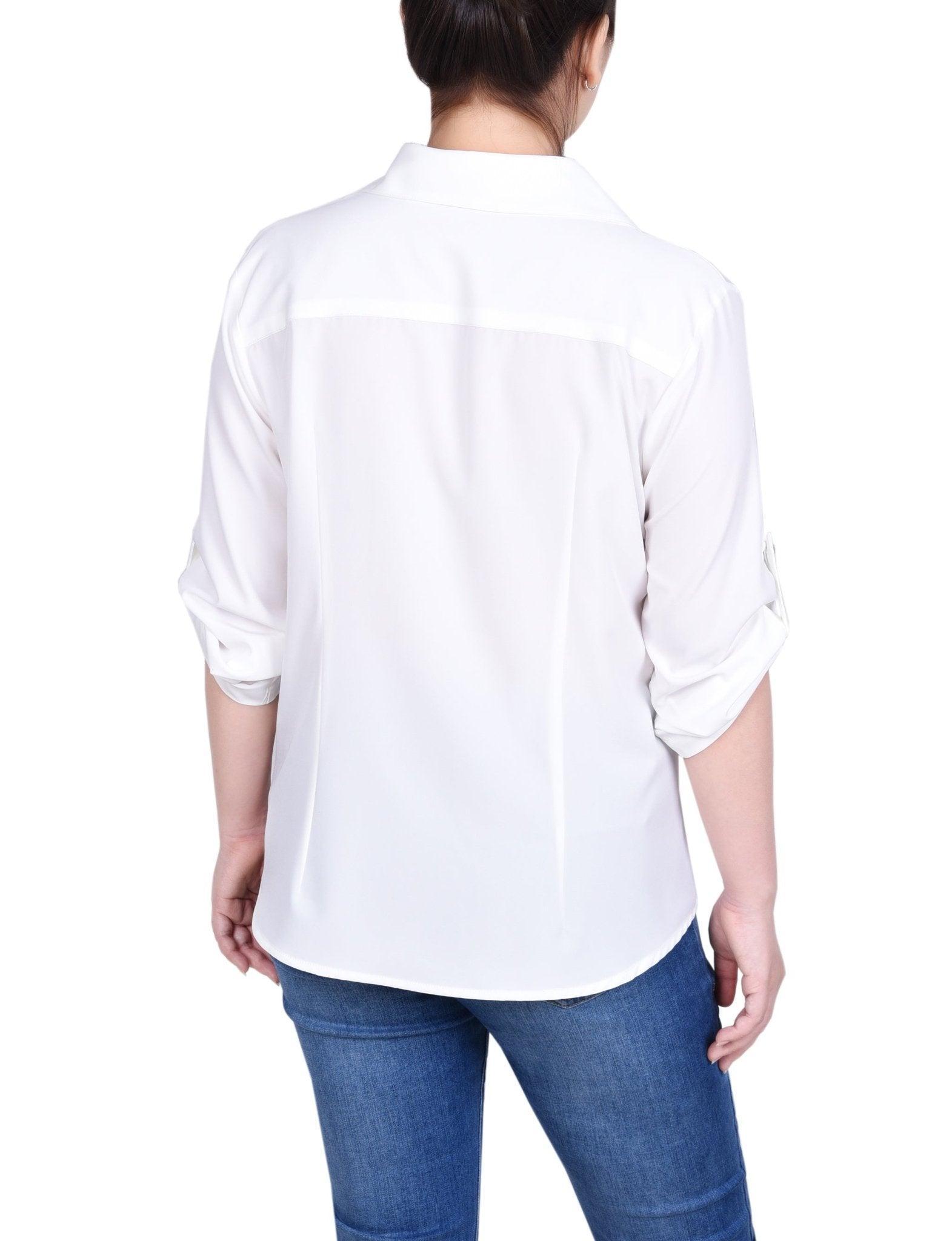 3/4 Length Roll Tab Sleeve Zip Front Top - Petite Product Image