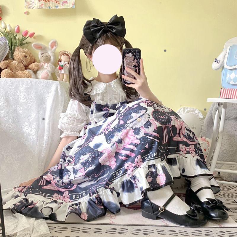 Puff-Sleeve Button-Up Blouse / Printed Bow Ruffled Midi Overall Lolita Dress / Petticoat Product Image