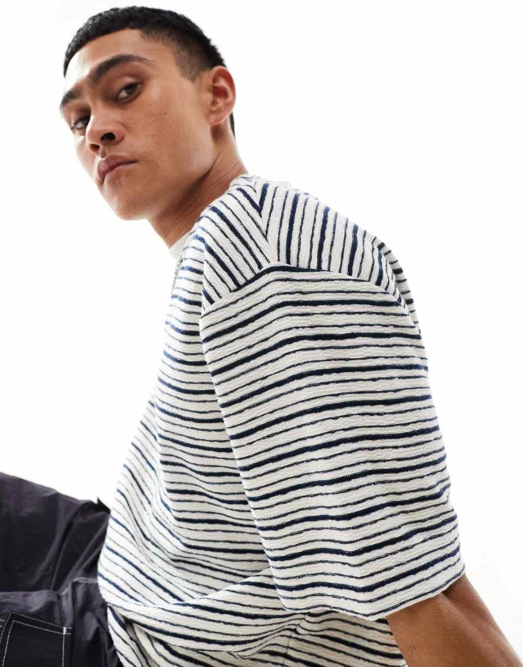 ASOS DESIGN oversized textured stripe t-shirt in blue stripe Product Image