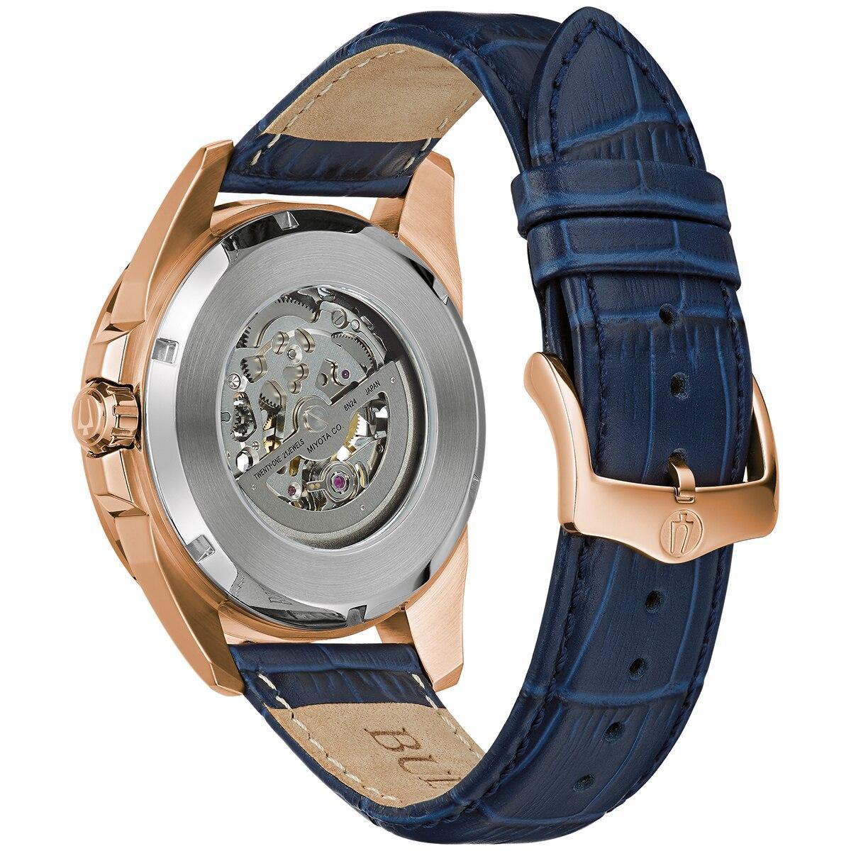 Mens Bulova Blue Leather Strap Automatic Skeleton Watch - 97A161 Product Image