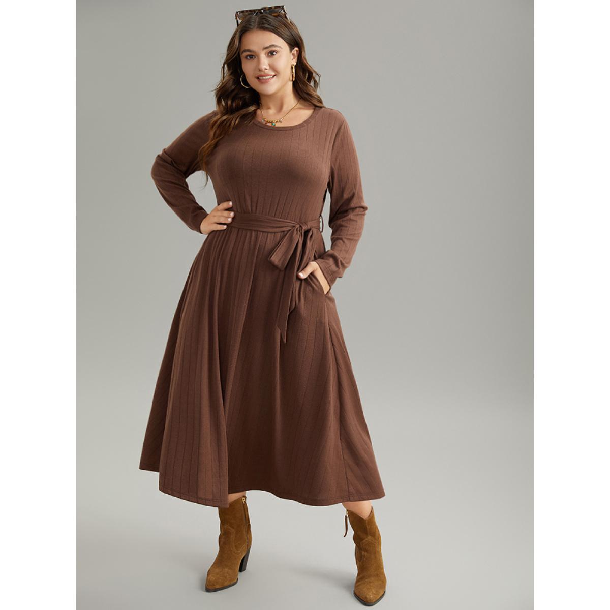 Plus Size Plain Rib Knit Belted Pocket Dress DarkBrown Women Elegant Plain Round Neck Long Sleeve Curvy Midi Dress BloomChic 14-16/1X Product Image