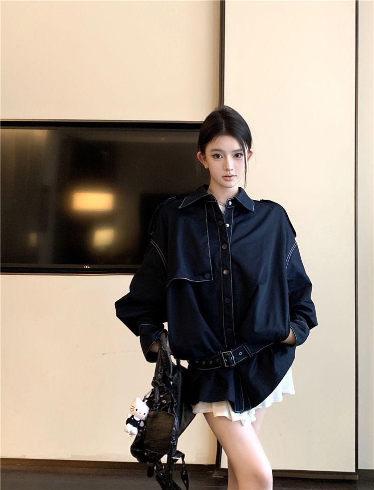 Lapel Collared Plain Patchwork Loose Shirt / Long-Sleeve Crew Neck Plain Top / Mid Rise Mini Skirt / Set Product Image