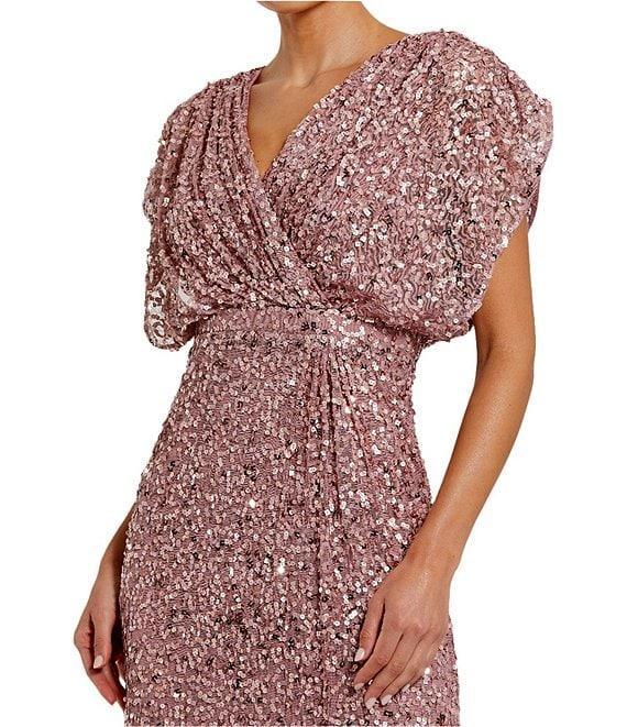 Mac Duggal Sequin Surplice V-Neck Draped 3/4 Sleeve Blouson Bodice Sheath Gown Product Image