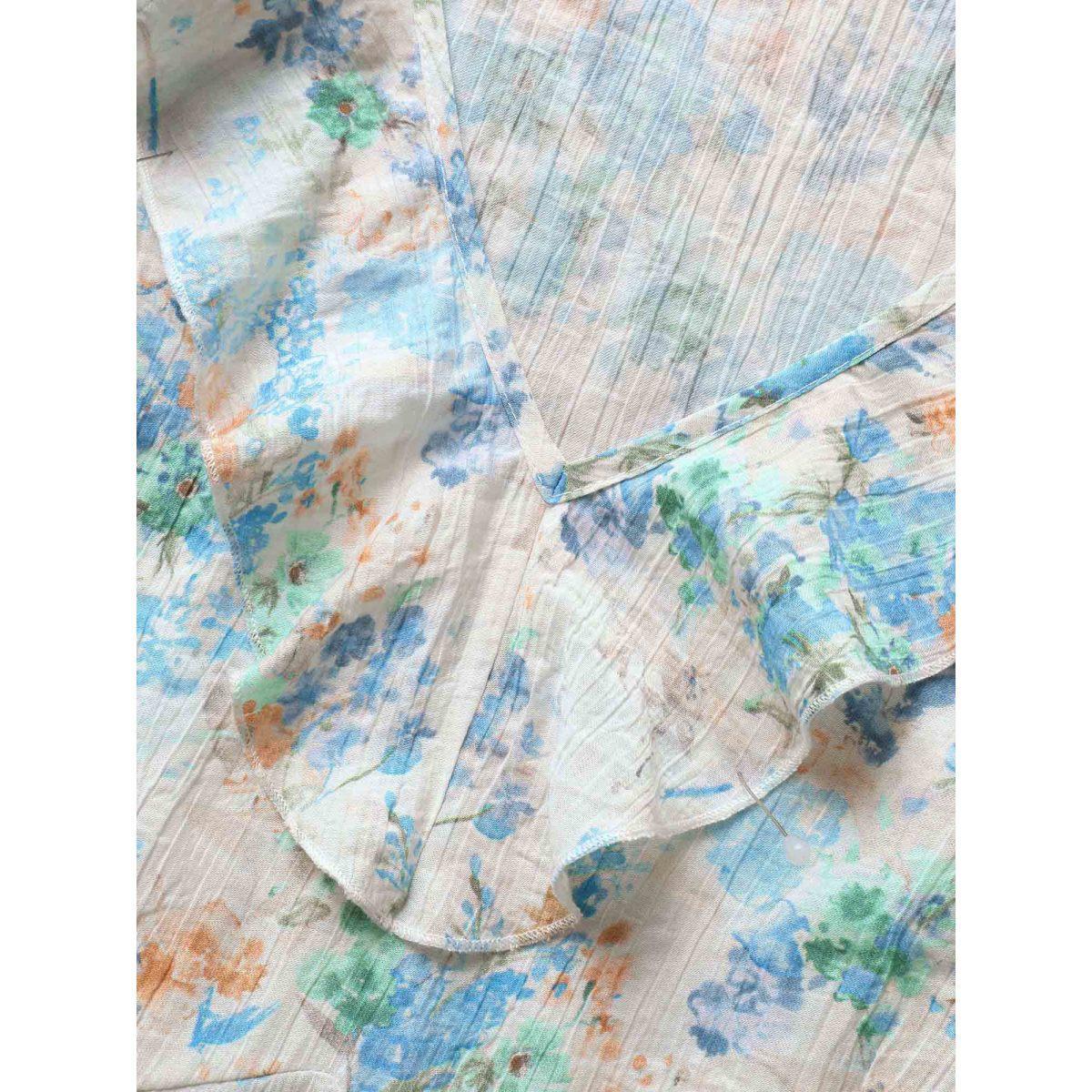 Plus Size LightBlue Floral Bell Sleeve Ruffle Trim Blouse Women Elegant Elbow-length sleeve V-neck Everyday Blouses BloomChic 28/5X Product Image