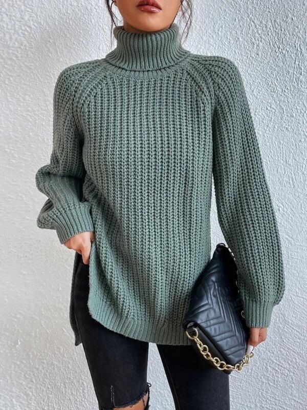 Long Sleeves Loose Solid Color Split-Side High Neck Pullovers Sweater Tops Product Image