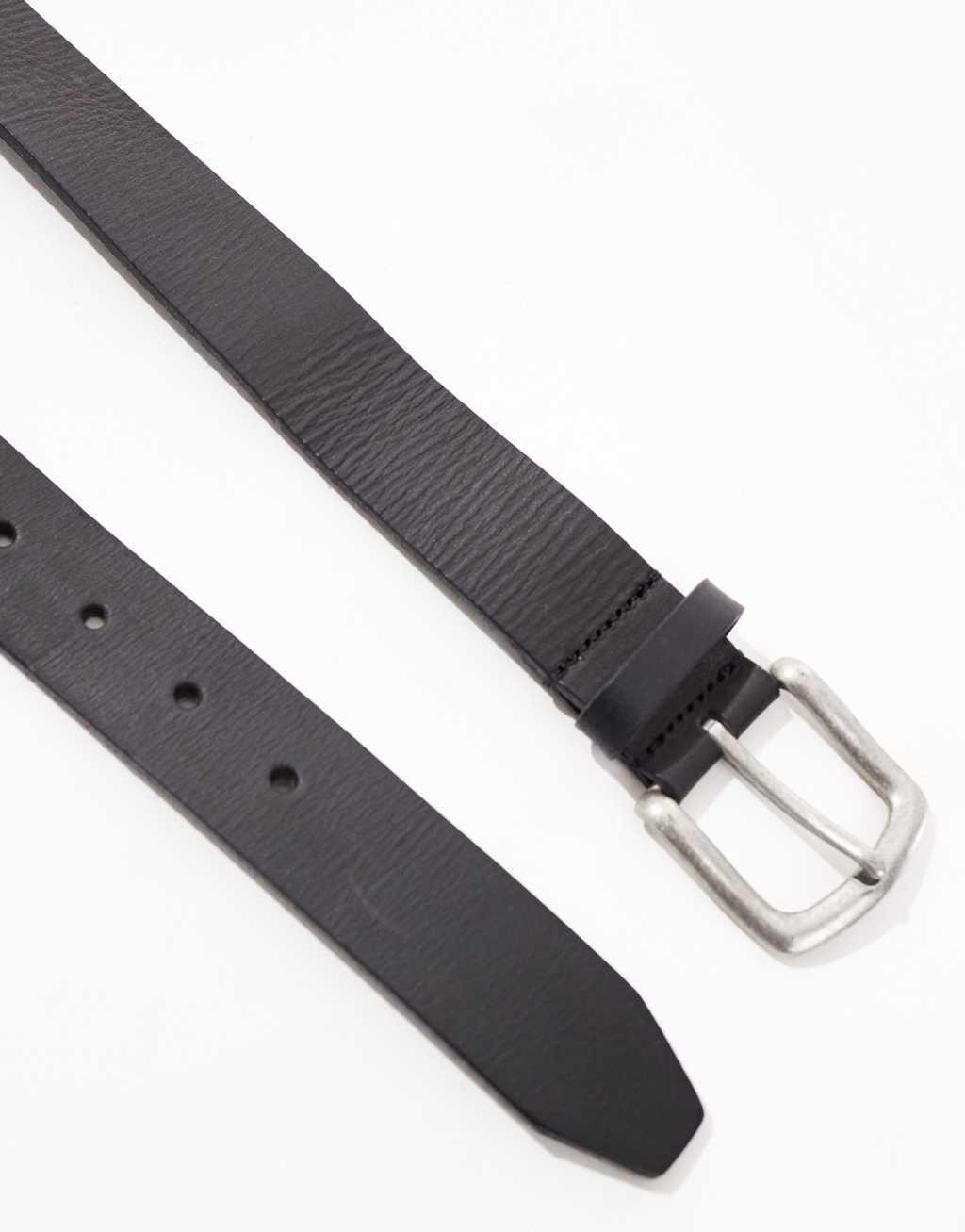 ASOS DESIGN leather belt with burnished silver buckle in vintage black Product Image