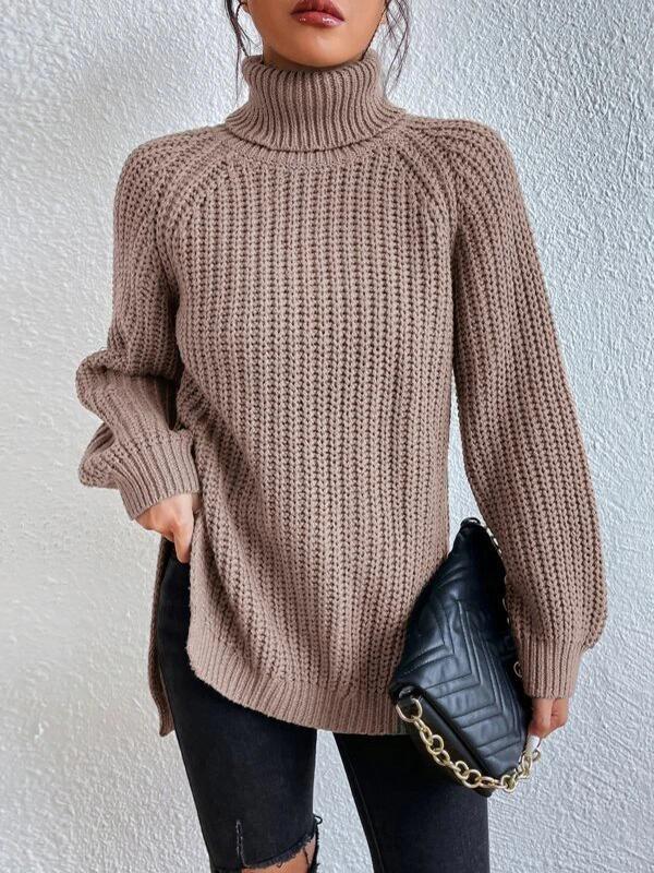 Long Sleeves Loose Solid Color Split-Side High Neck Pullovers Sweater Tops Product Image