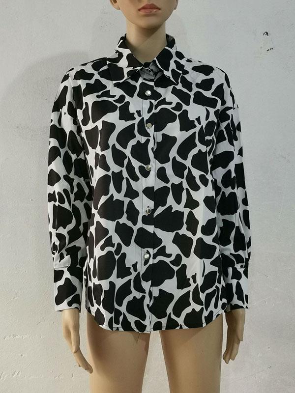 Long Sleeves Loose Contrast Color Printed Lapel Blouses Product Image
